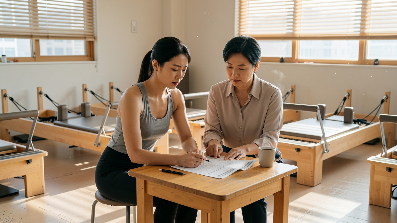 필라테스 강사 수입 구조를 논의하는 스튜디오 장면